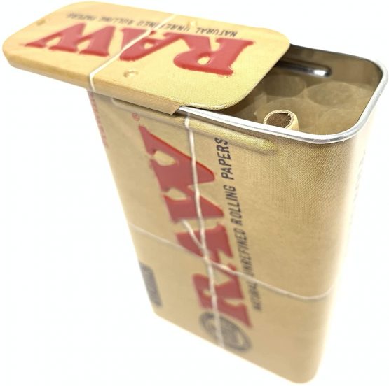 Raw Small Metal Slide Tin [Cigarette - Stash - Travel] with Small Cones and Tips - Image 2
