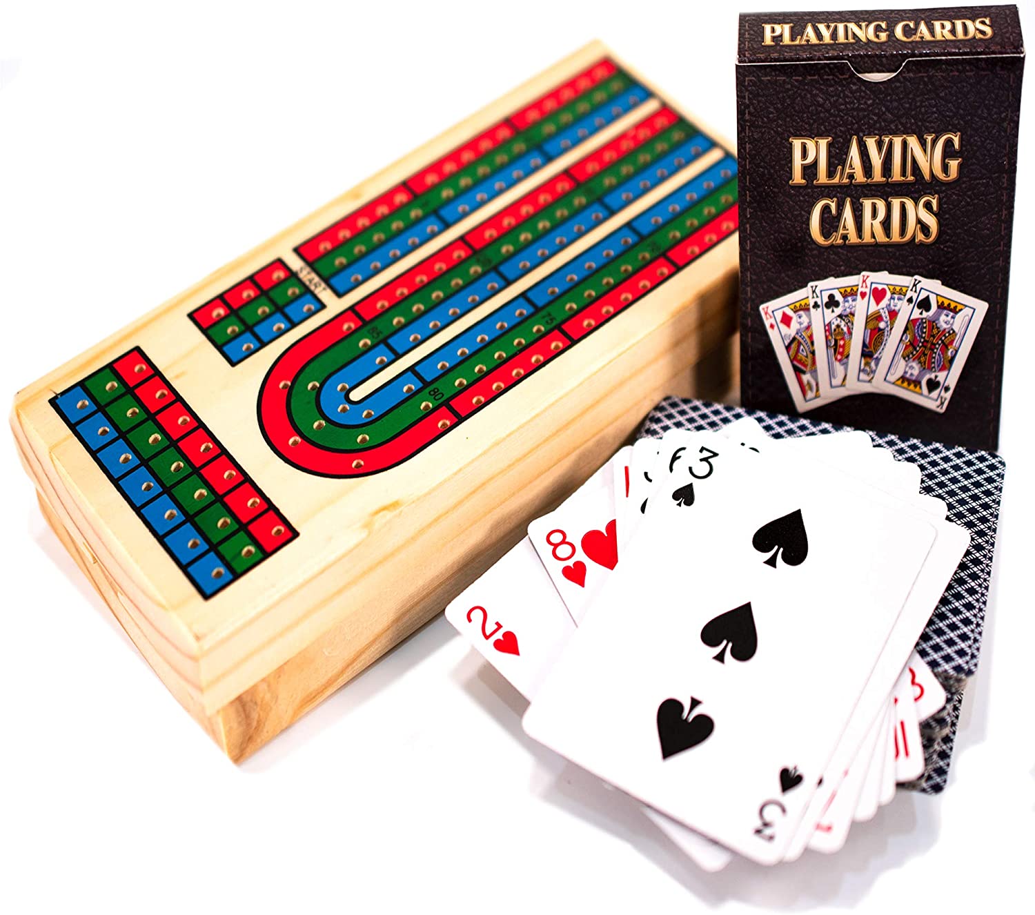 M.Y Deluxe Solid Wood Cribbage Board & Playing Cards Traditional Card Game, Multicoloured, 8.5 x 37.4 cm - Image 2