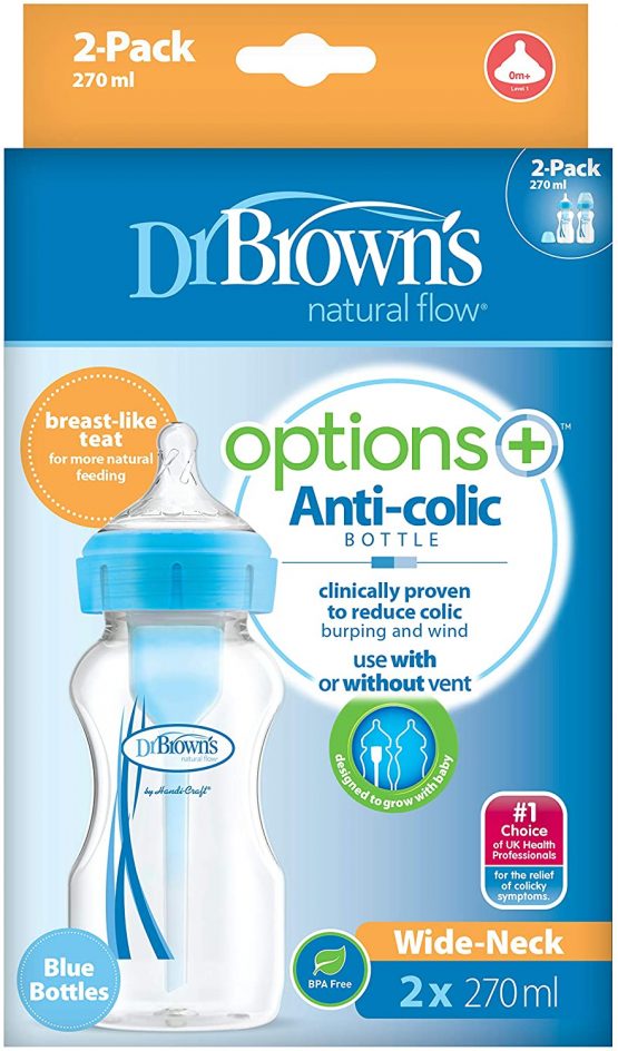 Dr. Brown's Dr Options+ AntiColic Wide Neck Baby Bottles 270ml Twin Pack, Blue - Image 2