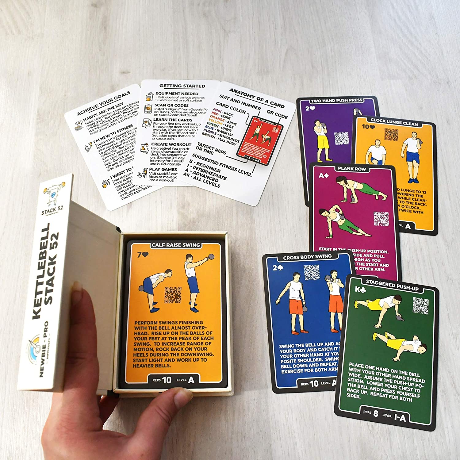 Stack 52 Kettlebell Exercise Cards. Workout Playing Card Game. Video Instructions Included. Learn Kettle Bell Moves and Conditioning Drills. Home Fitness Training Program. (2019 Updated Deck) - Image 2