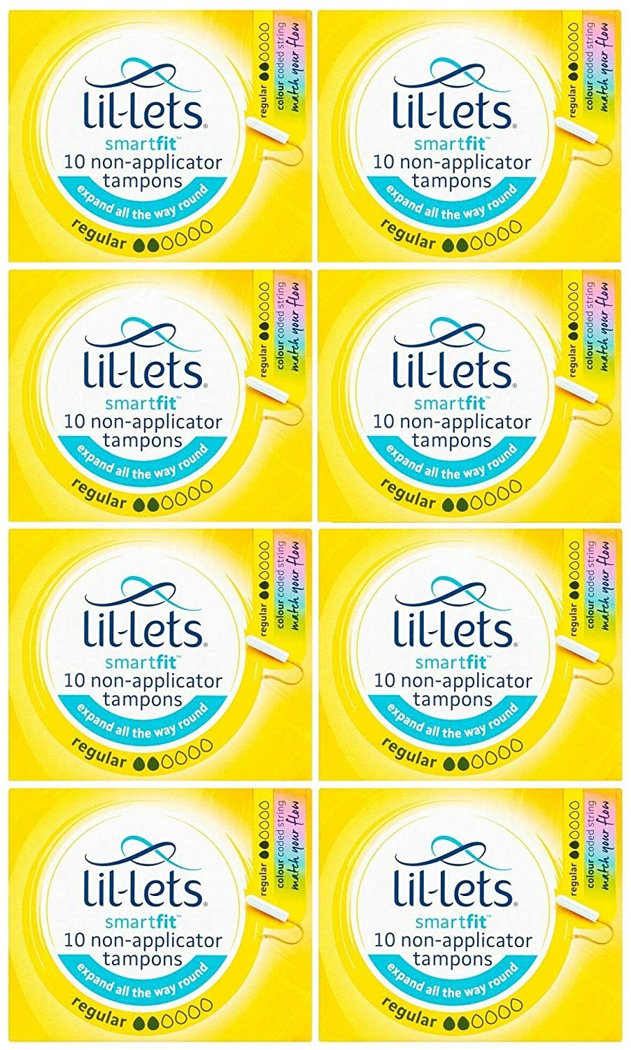 Lil-lets Non-Applicator Regular Absorbancy Tampons, 8 Pack of 10 Tampons, White
