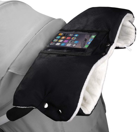 Stroller Hand Muff Windproof Anti-Freeze Pram Gloves Waterproof Baby Pushchair Hand Warmer Cover Thickening Warm Winter Pram Mitten with Mobile Phone Pocket (Black)