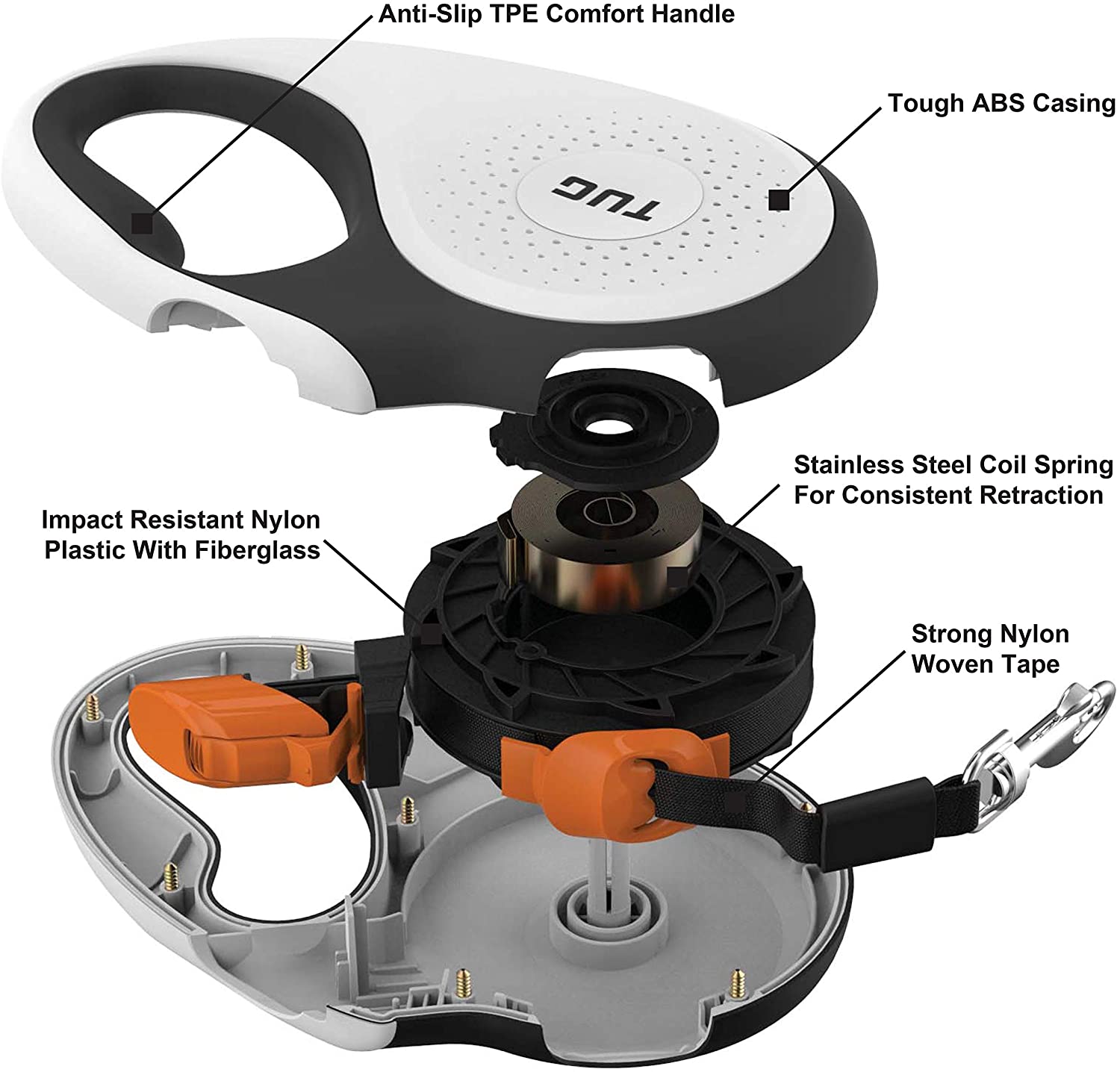 TUG 360° Tangle-Free Retractable Dog Lead for Up to 25 kg Dogs, White/Orange, M (Pack of 1) - Image 3