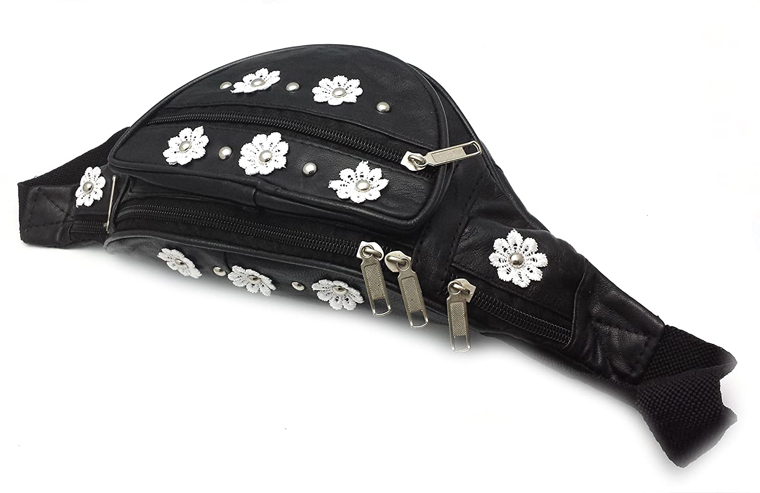 ODS:UK® Leather Festival Bum Bag Daisy Flower Studded Cross-Body Summer Urban Backpack, Black - Image 3