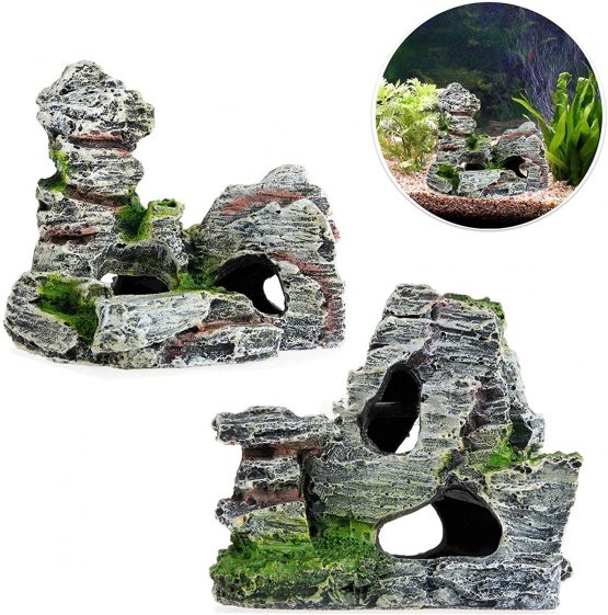 2pcs Fish Tank Rockery Hiding Cave Decoration For Fish Tank, Aquarium Rock Cave Decoration with Green Grass for Fish Shrimp Hiding Aquarium Ornament Pet Supplies