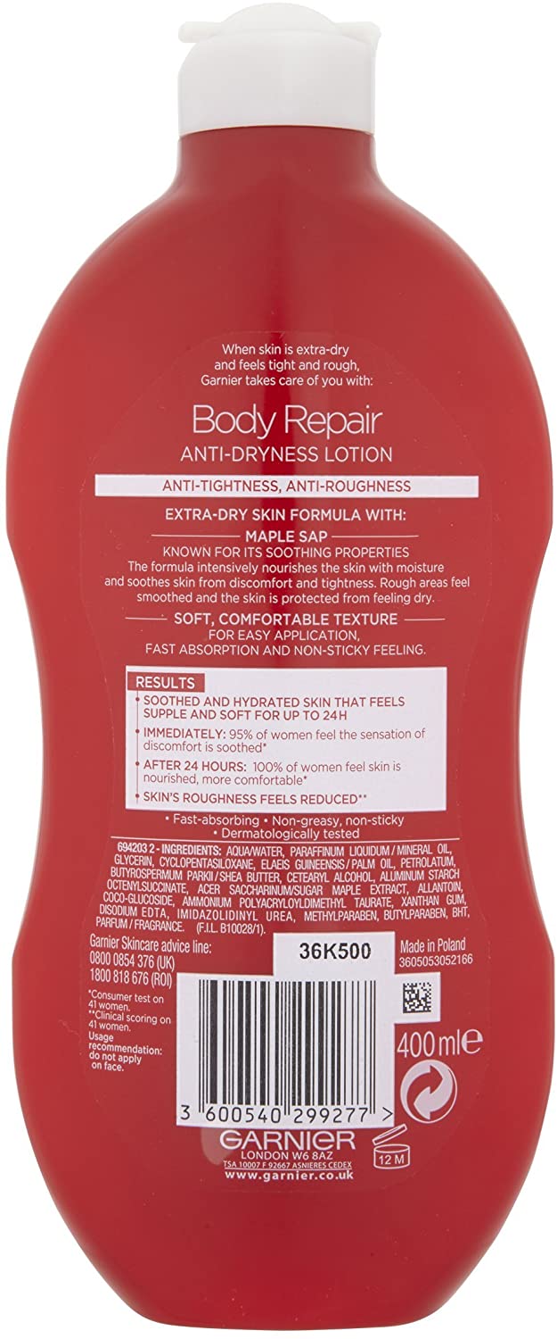 Garnier Body Repair Restoring Moisturiser 400ml, With Nourishing & Soothing Canadian Maple Sap, 24 Hour Hydration - Image 4