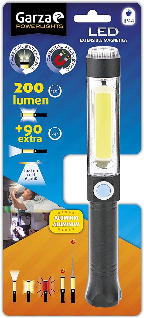 Garza Aluminium LED Torch with Magnetic Tip Extendable and Flexible and Cool Light 6500K on Side 200LM and Front 90LM. IP44, Black, M