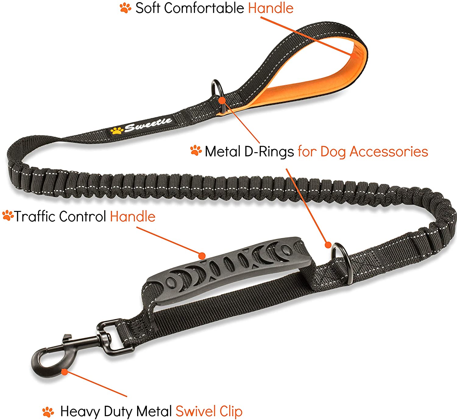 Sweetie Bungee Dog Lead Shock Absorber, Strong Leash 4FT to 5.6FT Long with Soft Padded Handle & Traffic Handle - Image 2