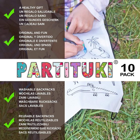 Partituki Party Bag Fillers for Kids. 10 Drawstring Bags to Colour in, 10 Sets of 5 Crayons Waxes and 1 Frisbee. Ideal Party Bags for Kids Party Pinata - Image 3