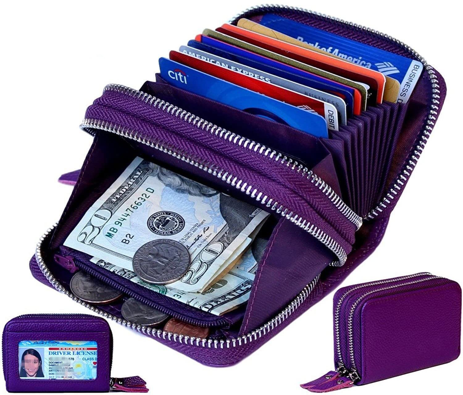 SunTrader Women's RFID Blocking Leather Zipper Wallet Purse Credit Card Case Holder (Purple), mini - Image 2