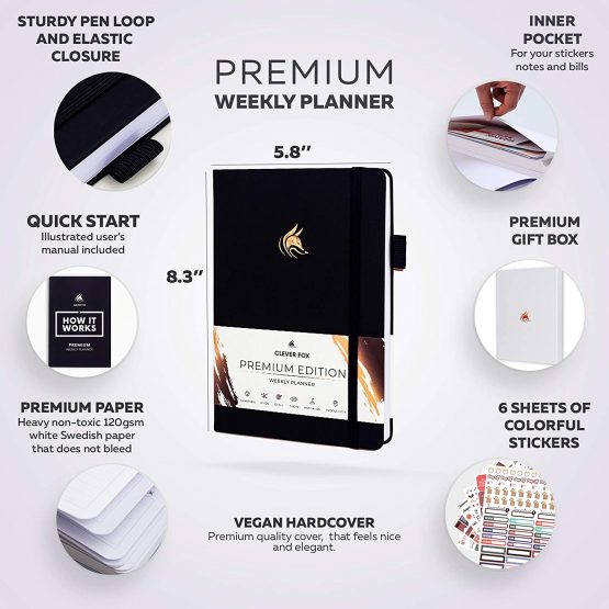 Clever Fox Planner Premium Edition – Luxurious Weekly & Monthly Planner to Increase Productivity and Hit Your Goals – Organizer – Undated, Start Anytime, A5, Lasts 1 Year, Black (Weekly) - Image 2
