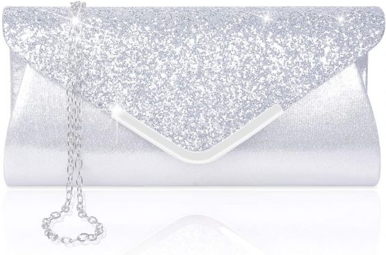 Larcenciel Women Clutch Bag Elegant Sequins Evening Clutch Purse Chain Shoulder Bags Sparkly Silver Evening Bridal Prom Party Handbag Purse