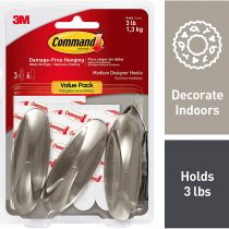 Command Designer Hooks, Medium, Brushed Nickel, 3-Hooks (17081BN-3ES), Great for dorm decor