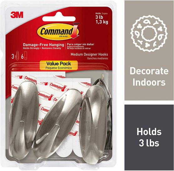 Command Designer Hooks, Medium, Brushed Nickel, 3-Hooks (17081BN-3ES), Great for dorm decor