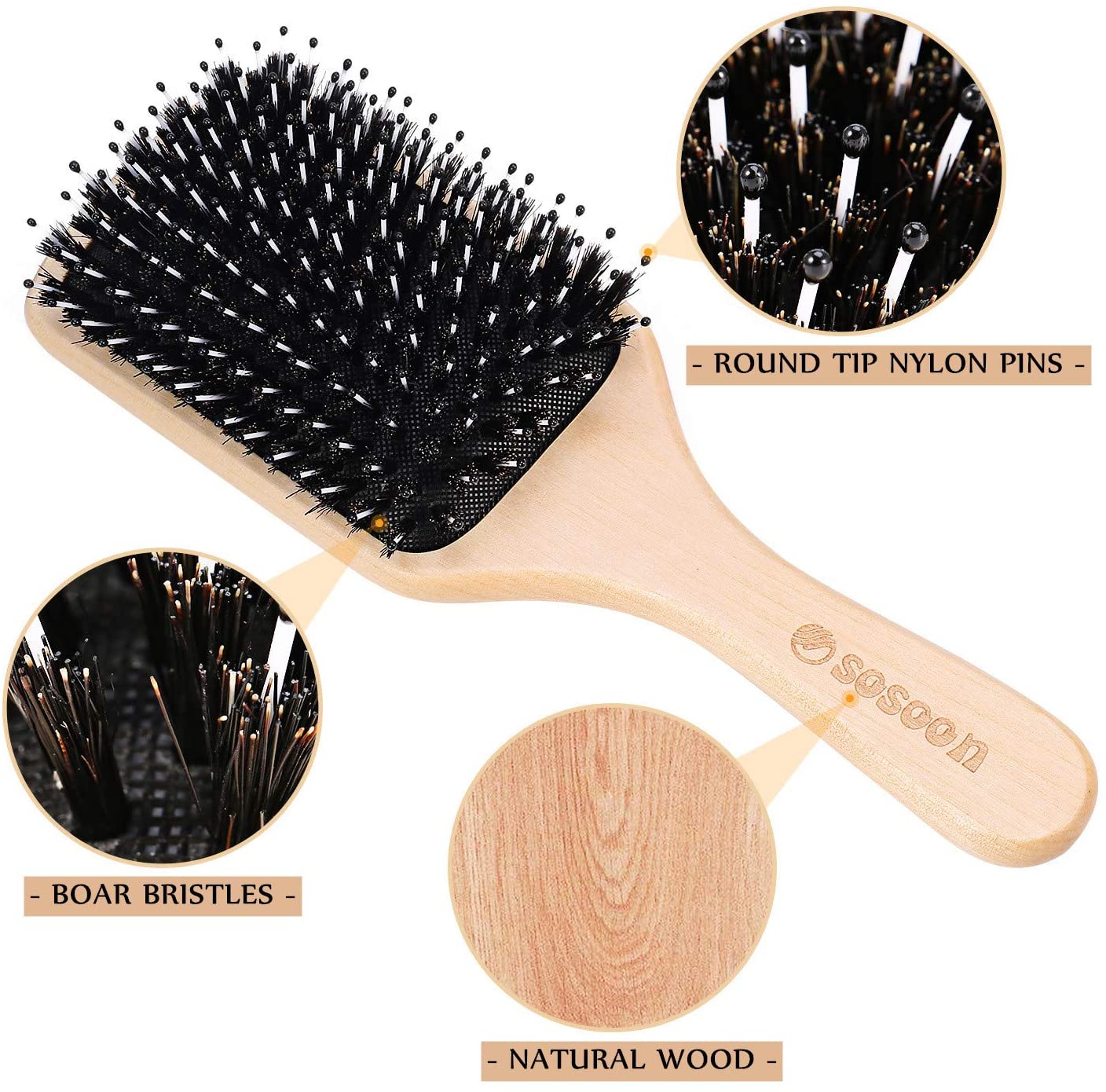 Hair Brush, Sosoon Boar Bristle Paddle Hairbrush for Long Thick Curly Wavy Dry or Damaged Hair - Image 2