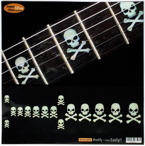 Inlay Sticker Fret Markers for Guitars & Bass - Skull with Crossbones (Sideways) - White Pearl