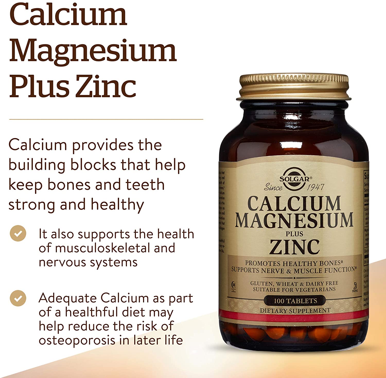 Solgar® Calcium Magnesium Plus Zinc Tablets - Pack of 100 - Healthy Bones, Teeth & Muscles - Supports Health of Nervous System - Vegan - Image 4