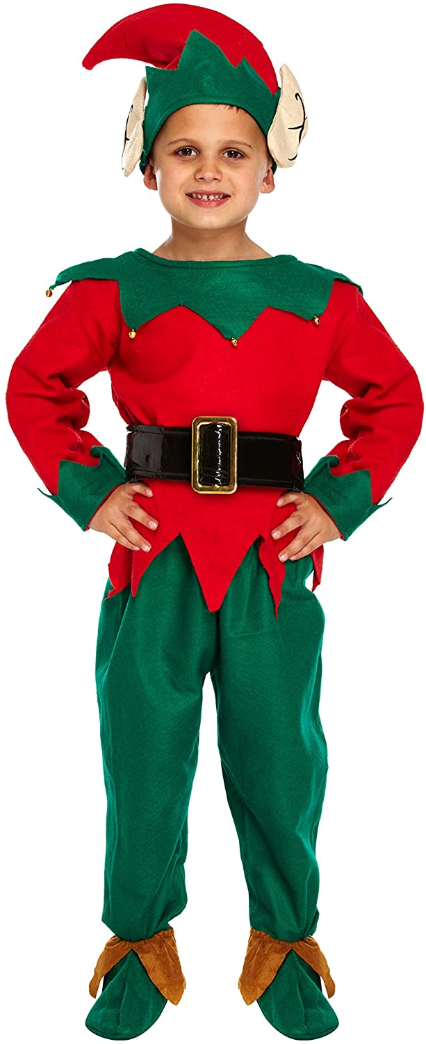 HENBRANDT Children’s Christmas Elf Costume Red and Green Santa’s Helper Elf Xmas Fancy Dress Outfit for Kids Size Small Ages 4-6 Christmas Fancy Dress for Girls and Boys