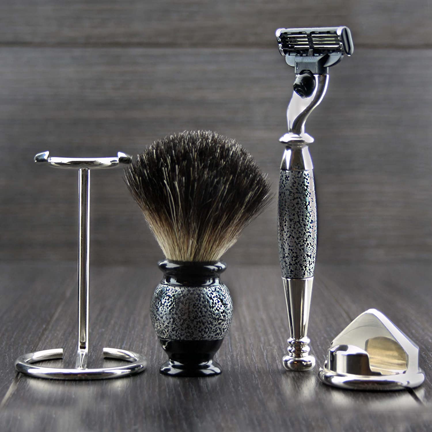 Haryali Hand Assembled Black & Silver Textured 4 Pc Mens Shaving Set with Badger Hair Brush, 3 Edge Cartridge Razor, Razor Stand & Brush Holder Perfect Kit for Men - Image 3