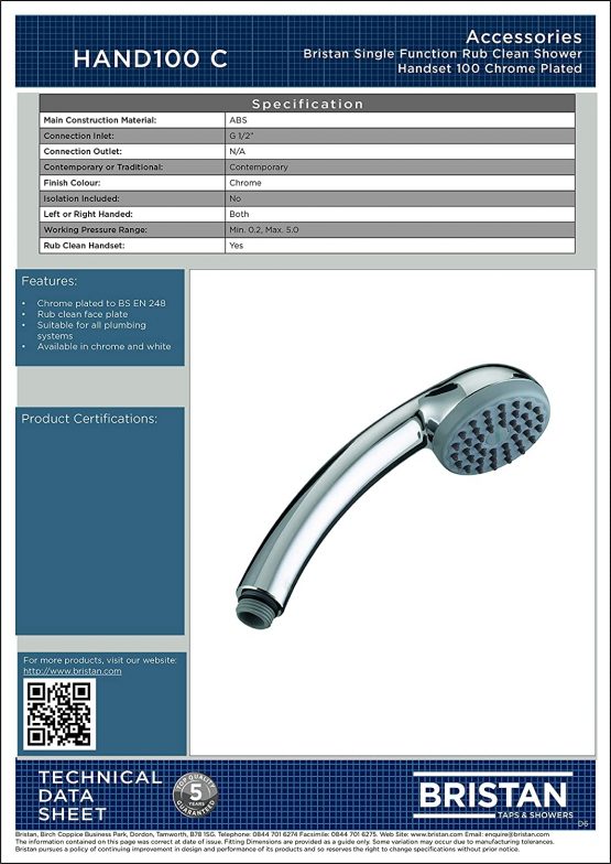 Bristan HAND100 C Single Function Rub Clean Shower Handset - Chrome - Image 2