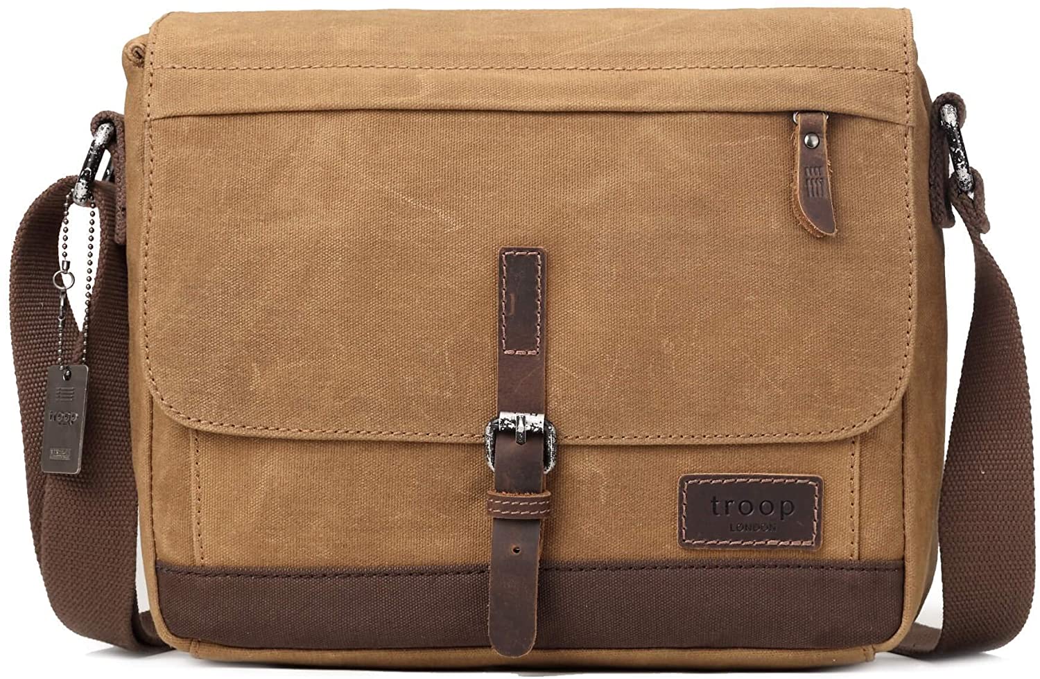 Troop London TRP0443 Heritage Canvas Leather Messenger Bag, Travel Bag, Tablet Friendly - Camel