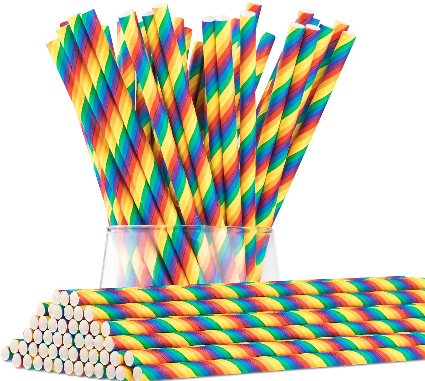 Whaline 100PCS Rainbow Paper Straws, Biodegradable Colorful Paper Drinking Straws for Juices Shakes, Smoothies