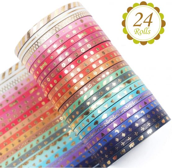 YUBBAEX Skinny Washi Tape Gold Foil Decorative Tapes 3MM Wide for DIY Craft, Bullet Journals, Gift Wrapping, Scrapbooking (Gold Foil Skinny 24)