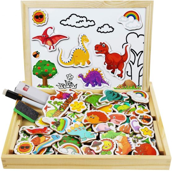 COOLJOY Wooden Magnetic Board Puzzle Games, 118 PCS Double Sided Jigsaw Dinosaur Pattern Drawing Easel Blackboard Educational Wood Toys for Boys Girls Kids Toddler 3 4 5 Year Olds