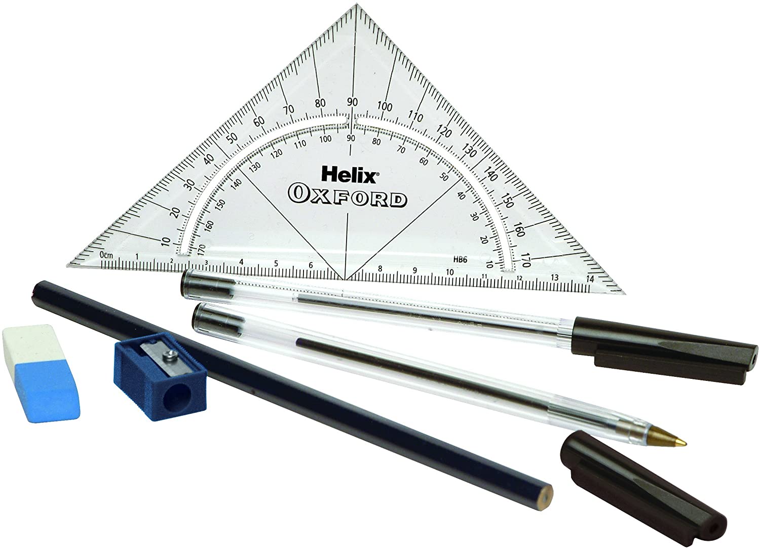 Helix Oxford Filled Exam Pencil Case Set, Clear Case with Black Ballpoint Pens, Pencil, Eraser - Image 2