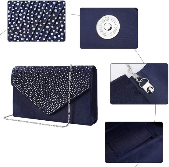 Evening Clutch Bag, Envelope Handbag Purse Shiny Women Lady Rhinestone Embellished and Pleated Satin Clutch Wallet, Shoulder Cross Body Bag for Bridal Wedding Party, Black - Image 4