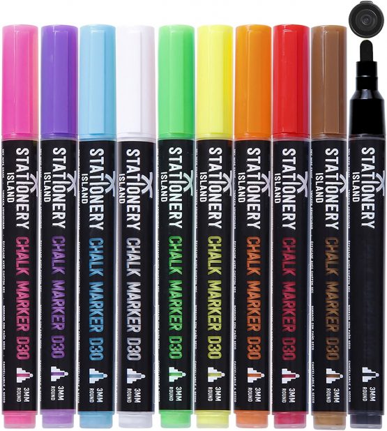 Stationery Island D30 Assorted Colours Chalk Pens - 3mm - Pack of 10 - Fine Bullet Nibs - Dry Wipe Erase Liquid Markers - For Glass, Mirrors, Windows, Whiteboards, Signs and Nonporous Blackboards