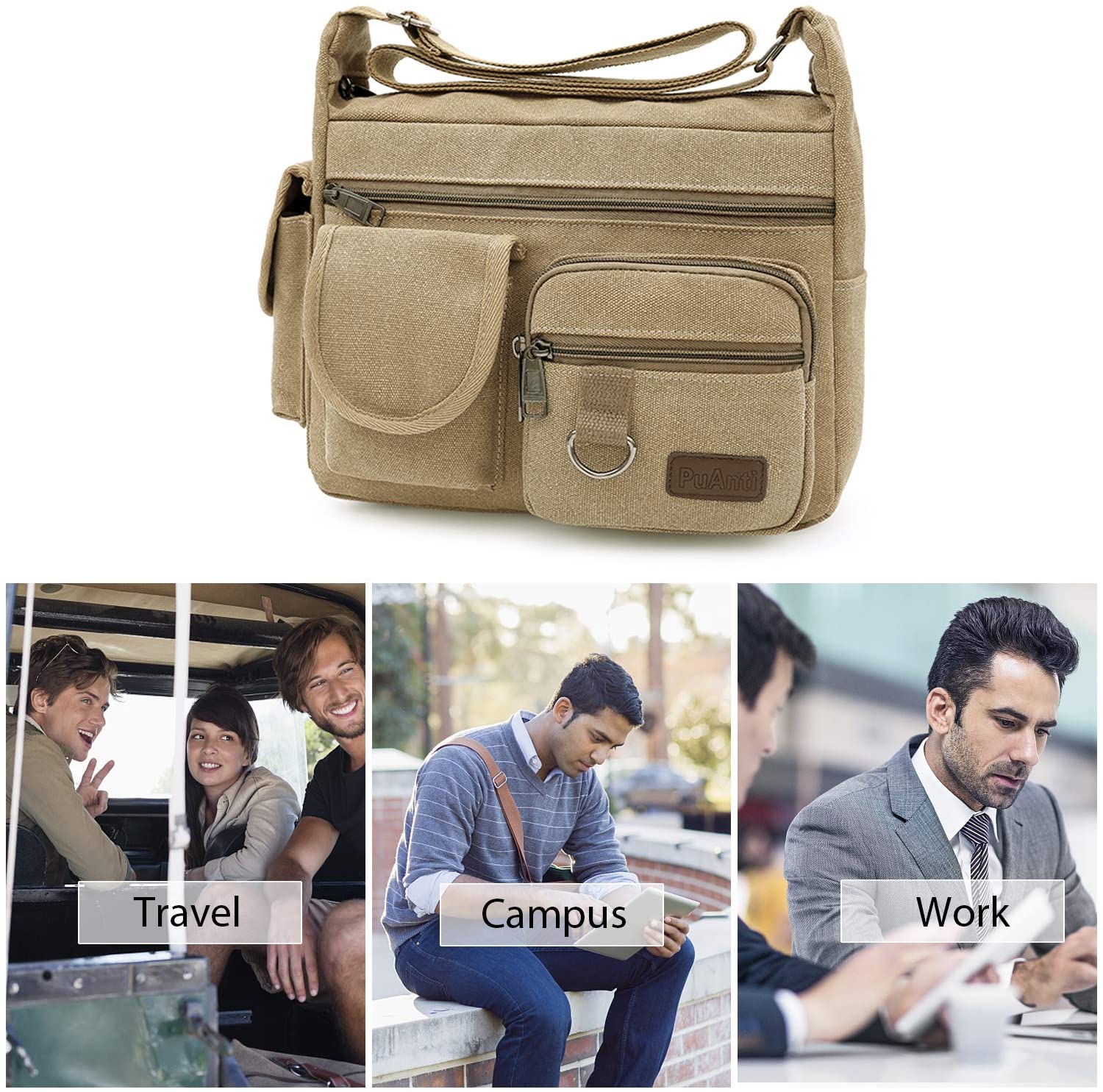 FANDARE Canvas Crossbody Bag Messenger Bag Satchel Shoulder Bag Working Bag Bookbag Briefcase for Men and Women Khaki - Image 4