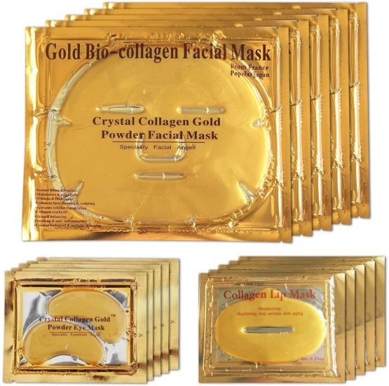 24K Gold Gel Collagen Facial Masks, 5 Packs Face Masks + 5 Pairs Gel Collagen Eye Masks+5 Pairs Lip Care Gel Masks Set for Anti-Aging & Moisturizing, Reduces Dark Circles, Nourishing Lips