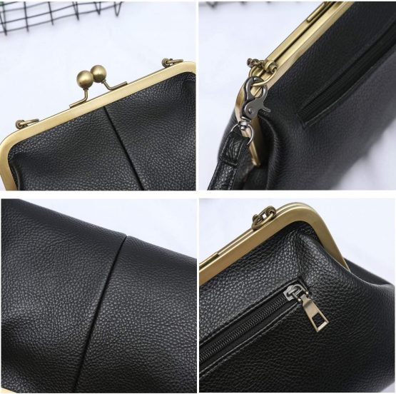 Puyang Women Mini Retro Kiss Lock Pu Leather Chains Handbag Purse (Black) - Image 4