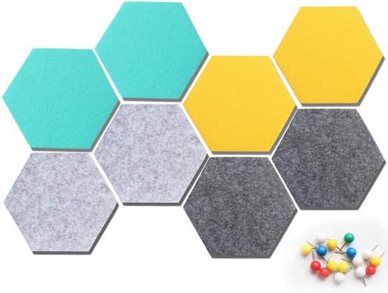 HyFanStr Coloured Hexagon Felt Tiles Board Notice Memo Bulletin Boards, Memo Display Board Small Pin Board with 16 Push Pins, Pack of 8 - Image 3