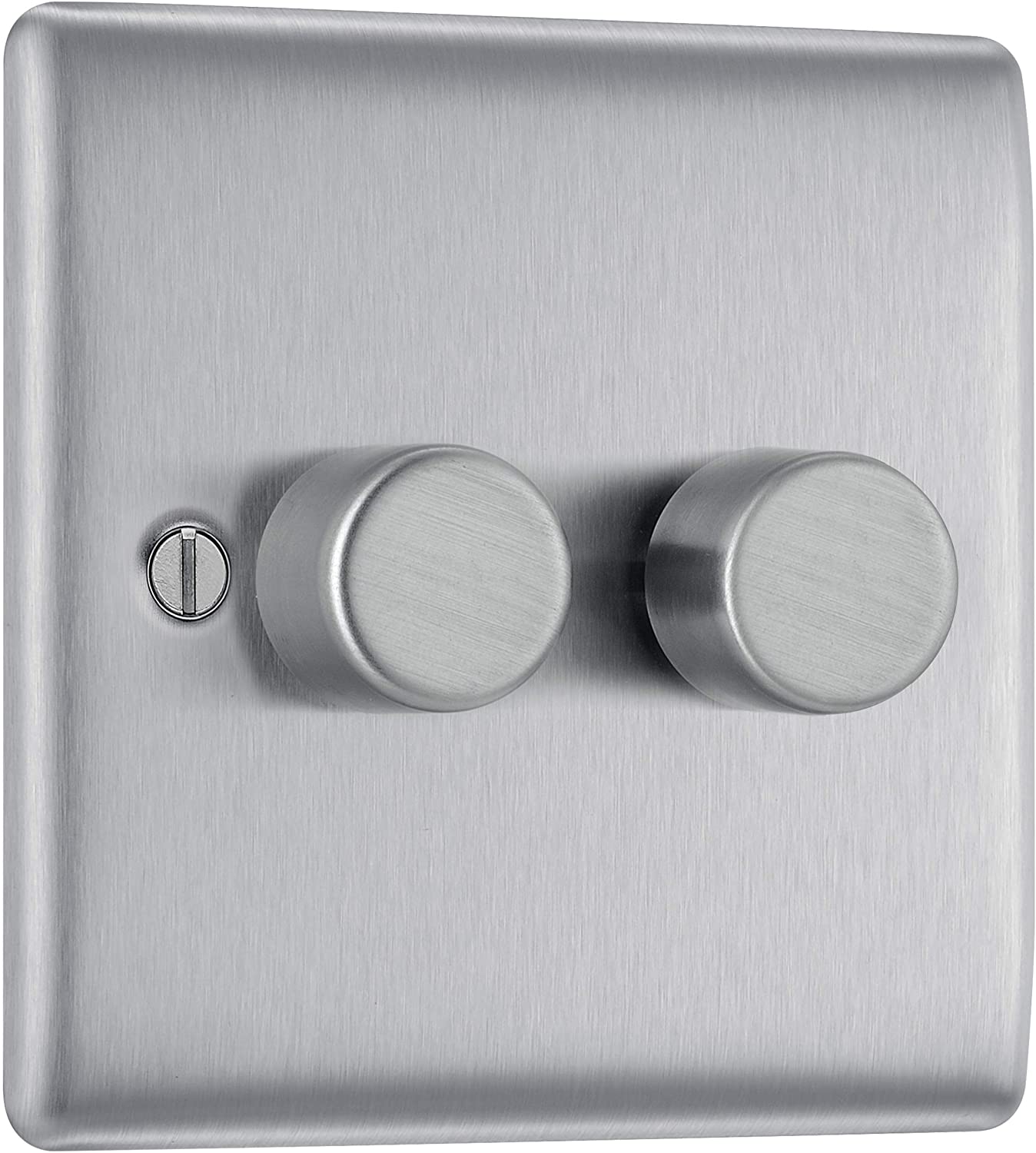 BG Electrical Intelligent Double Wall Dimmer Switch, 2 Way, Raised Profile, Round Edges, Nexus Metal, Brushed Steel, 200W, NBS82