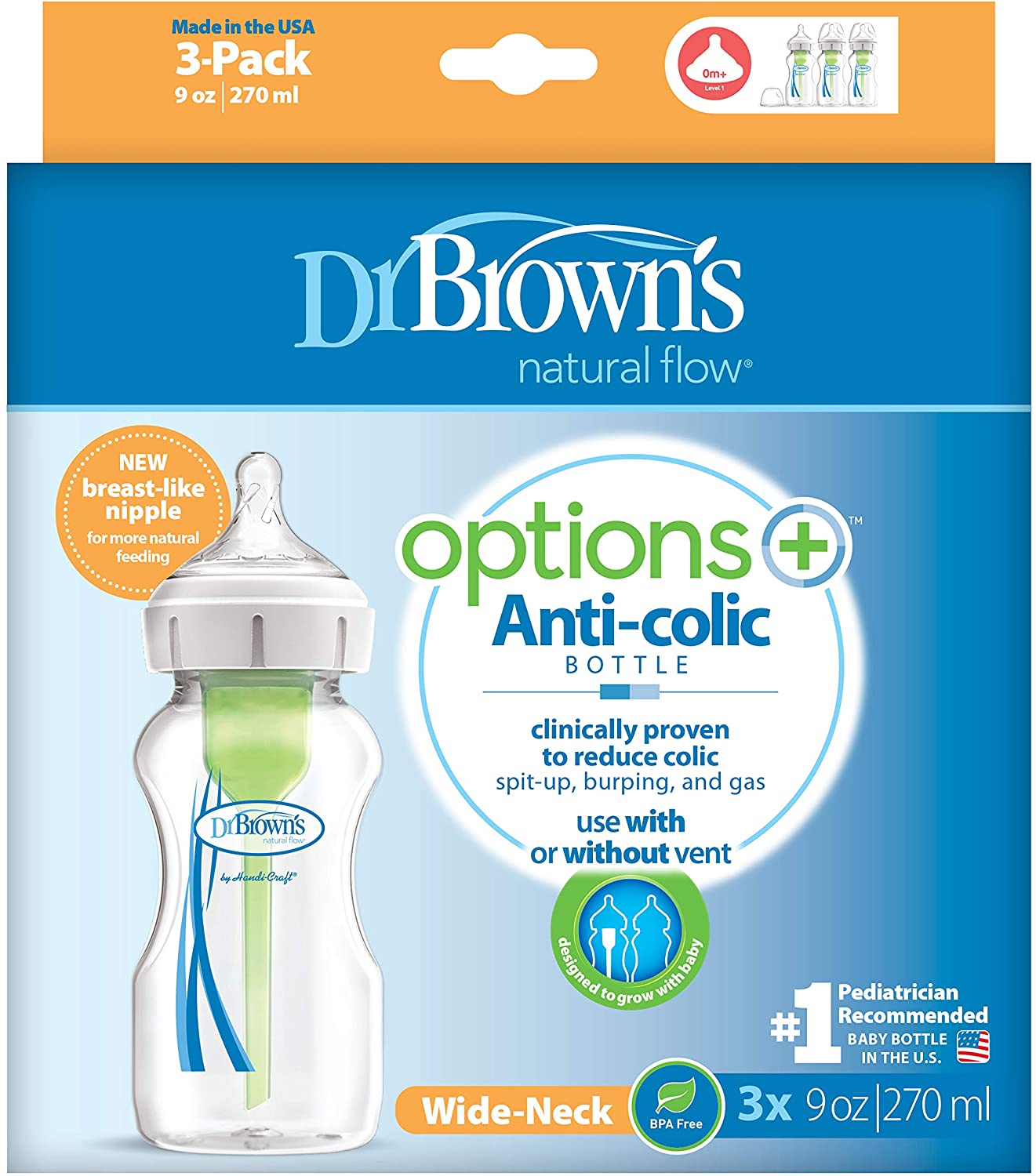 Dr Brown's Options+ Anti Colic Wide Neck Baby Bottles, Pack of 3, green, 3 count (Pack of 1) - Image 2