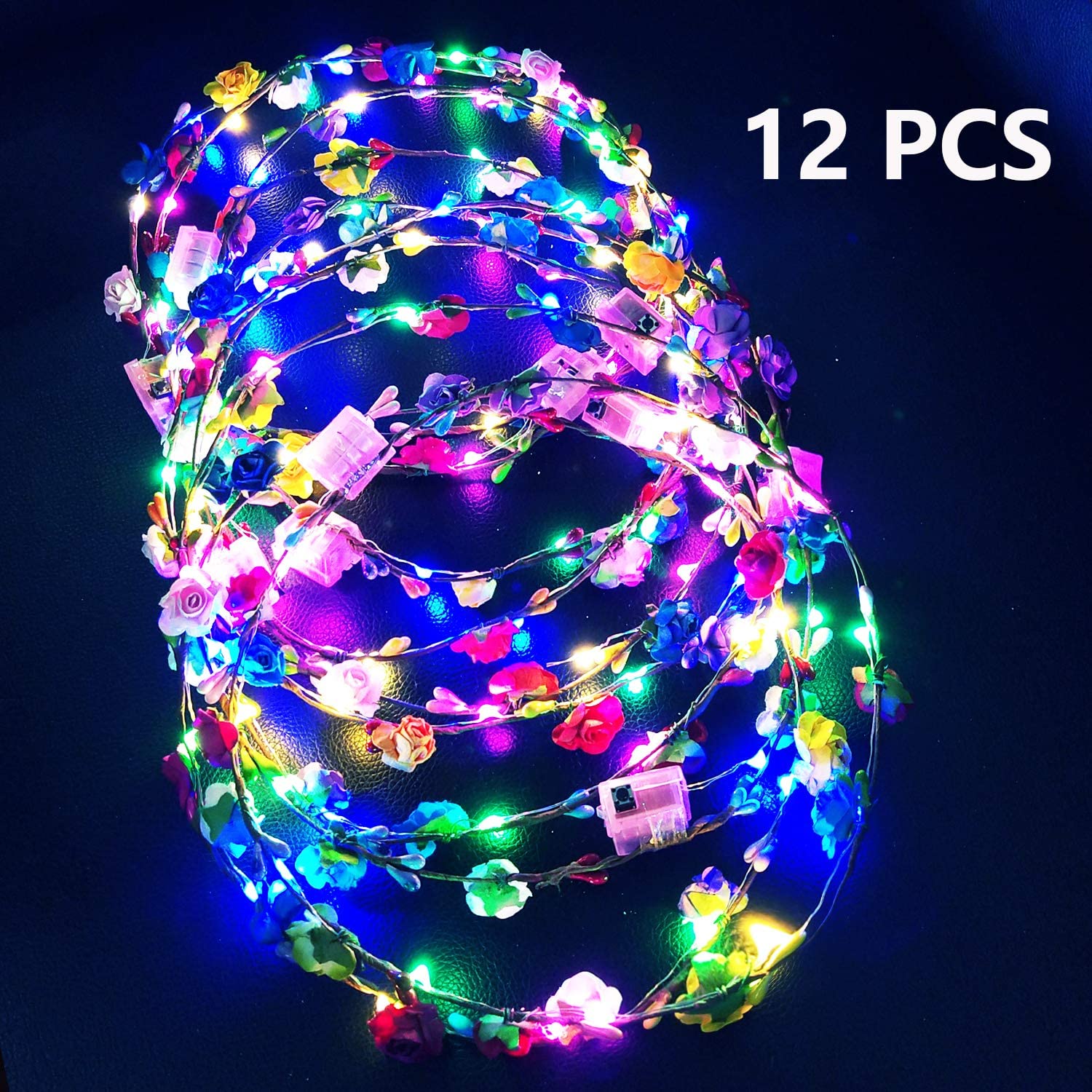 12PCS LED Flashing Flower Headbands, Party Gift Mixed Colours Light up Glow Hairbands, Hair Wreath Blinking Garlands