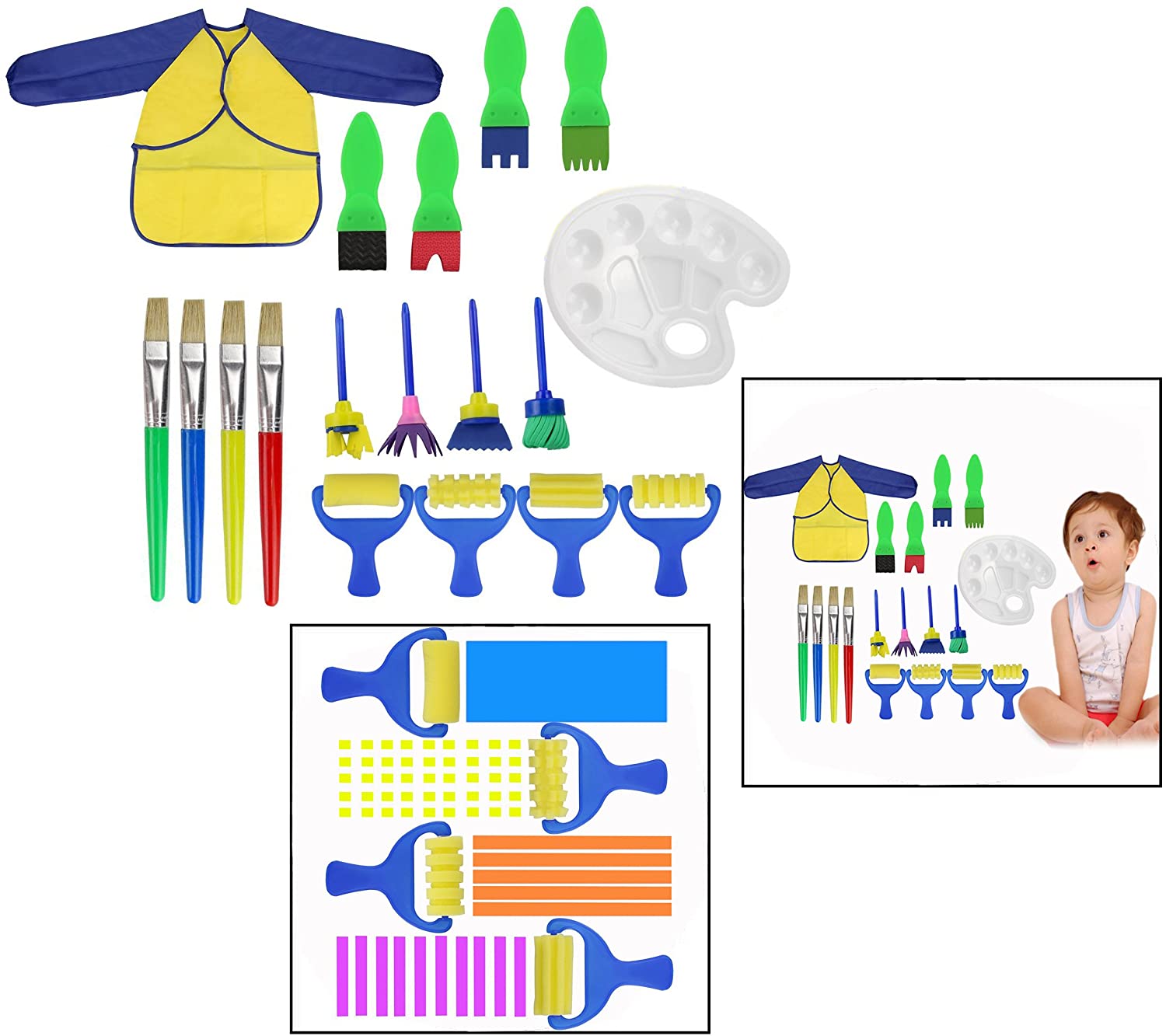 OFKPO 18 PCS Paint Brushes Kit, Includes Sponge Tools, Common Brushes, Palette, Apron, Early Learning DIY Arts and Crafts Set for Kids