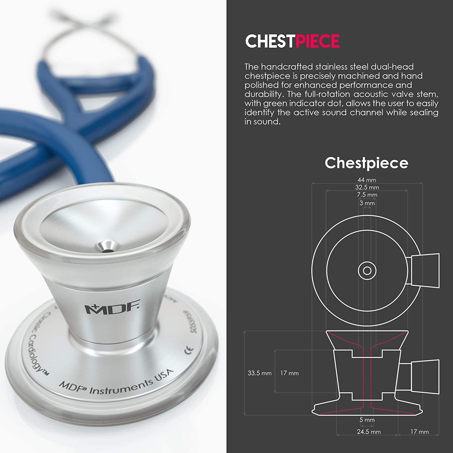 MDF ProCardial Cardiology Stethoscope, Stainless Steel, Adult, Dual Head, Free-Parts-for-Life, Royal Blue Tube - Image 3