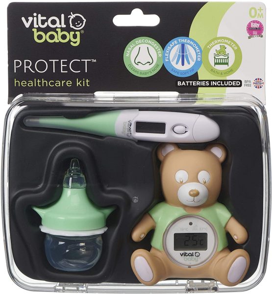 vital baby PROTECT Healthcare Kit, Room and Bath Thermometer, Nasal Aspirator, Contact Thermometer, Nursery Health and Safety, Decongester