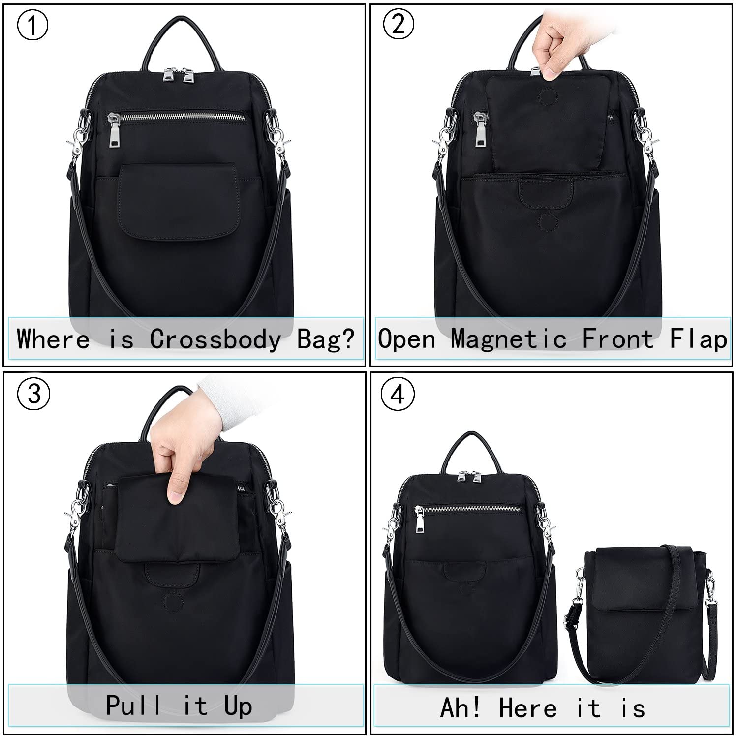 UTO Women Backpack Ladies Rucksack Handbag with Detachable Crossbody Shoulder Bag Waterproof Nylon Black, Black Nylon, XL - Image 3