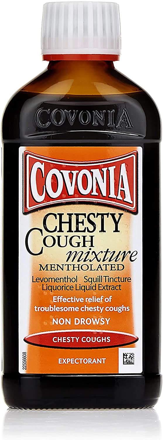 Covonia Chesty Cough Mixture Syrup Mentholated, Sore Throat Relief, Non-Drowsy Formula – 180ml
