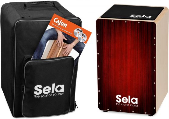 Sela SE 128 EN Varios Red Cajon Set with backpack, cajon pad, English cajon method, CD and DVD