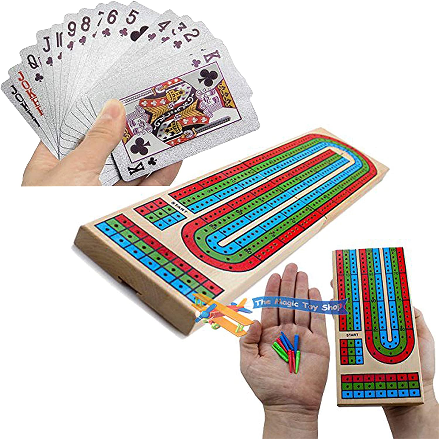 The Magic Toy Shop 2 in 1 - Traditional Wooden Cribbage Board Game Folding 3 Track 9 Pegs Family Travel Size and Playng Cards Set
