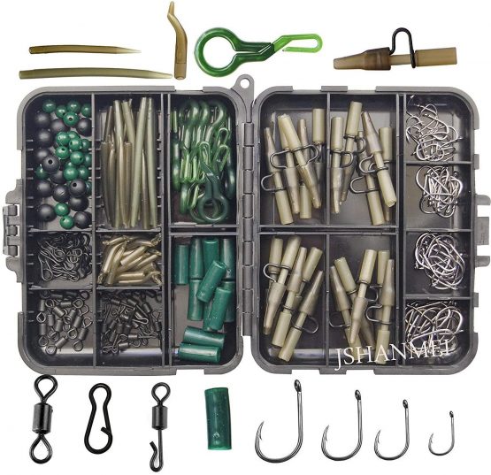 JSHANMEI 160pcs Carp Fishing Tackle Box Kit Including Quick Change Swivels Carp Hooks Beads Rig Tubes Leader-Clips Anti-tangle Sleeves Baits Carp Fishing Terminal Tackle