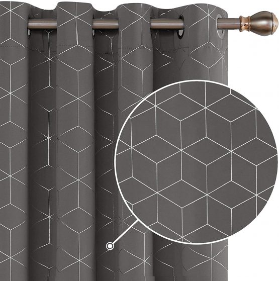 Deconovo Eyelet Blackout Curtains, Thermal Insulated Curtains, Diamond Foil Printed Curtains for Bedroom, 46 x 54 Inch(Width x Length), Grey, One Pair