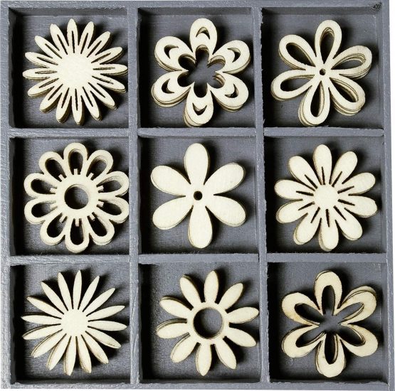 cArt-Us Box with Wooden Ornaments Fantasy Flowers 10.5x10.5cm, Wood, Natural