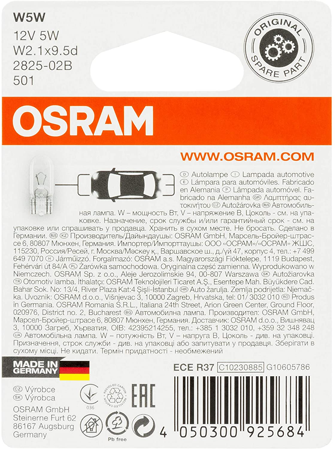 OSRAM ORIGINAL W5W halogen, position and number plate light, 2825-02B, 12V, double blister (Pack of 2), white/clear - Image 4