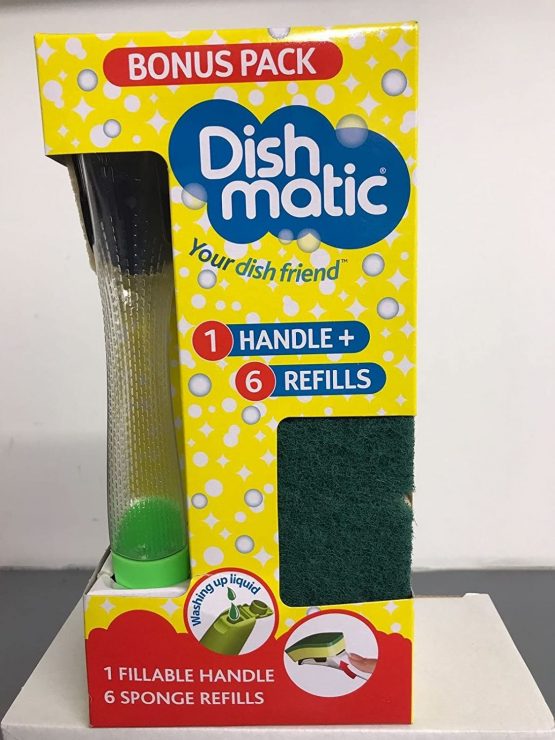 Dishmatic Value Pack Kit – 1x Refillable Washing-Up Liquid Dispensing Handle with 6X Replaceable General-Purpose Sponge Heads – Antibacterial Kitchen Washing-Up Handle with Easy-Grip Handle